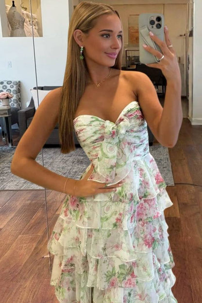 A-Line Strapless Floral Printed Empire-Waist Tiered Long Prom Dress