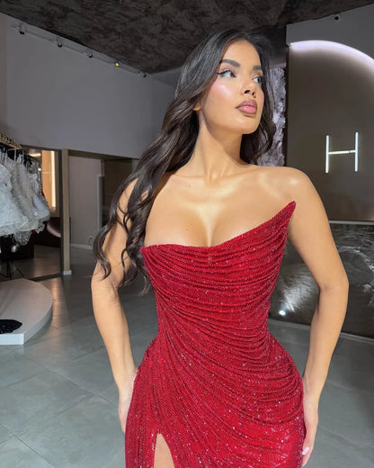 Red Strapless Gorgeous Split Sequins Prom Dress