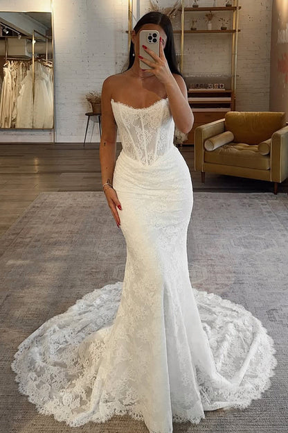 Bohomian Mermaid Scoop Neck Lace Wedding Dress