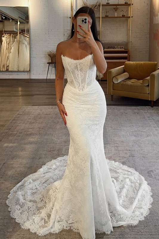 Bohomian Mermaid Scoop Neck Lace Wedding Dress