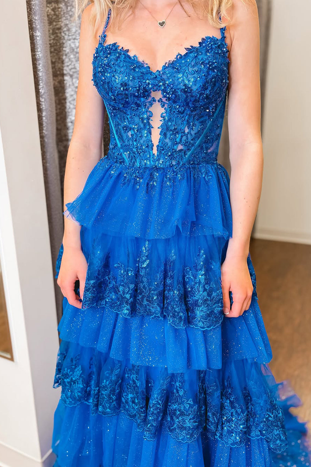 Cute A Line V Neck Royal Blue Tiered Tulle Prom Dress