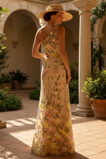 Beige One Shoulder Floral Embroidered Gown