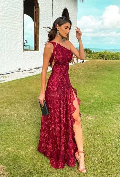 Elegant One Shoulder Red Lace Wedding Guest Dress Evening Dress with Slit