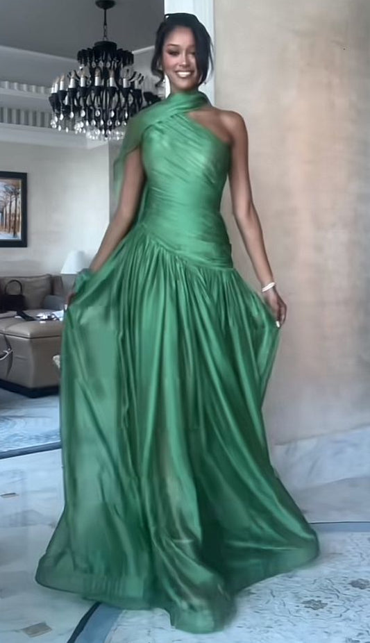 Elegant A Line One Shoulder Green Satin Sleeveless Long Prom Dress