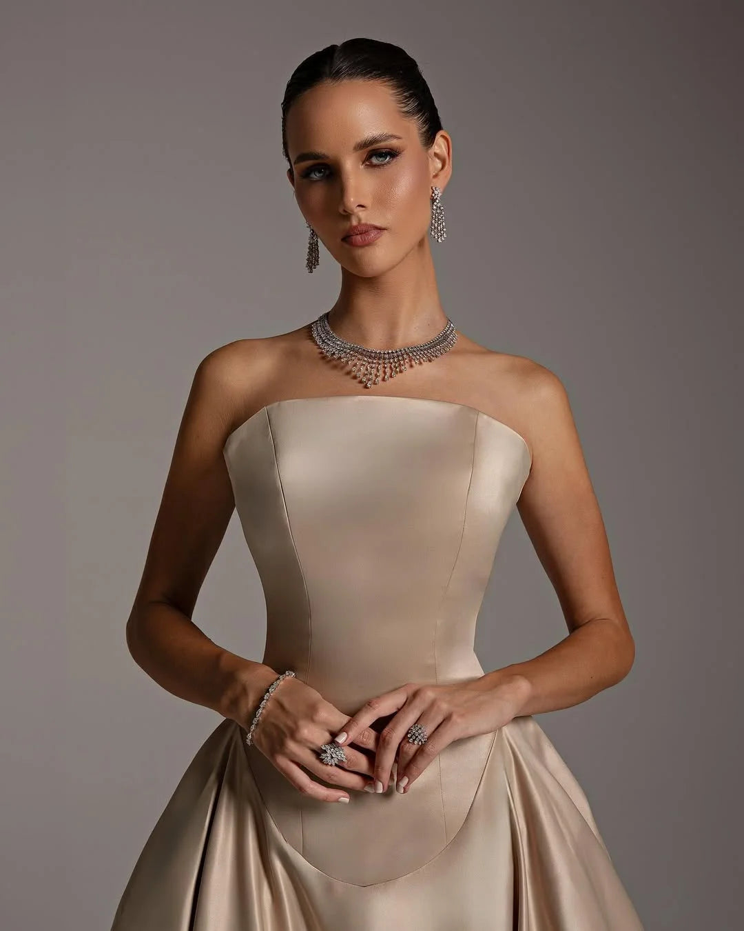 Champagne Strapless A-Line Elegant Prom Dress