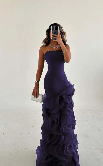 Dusty Blue Strapless Mesh Ruffles Sheath Prom Dress