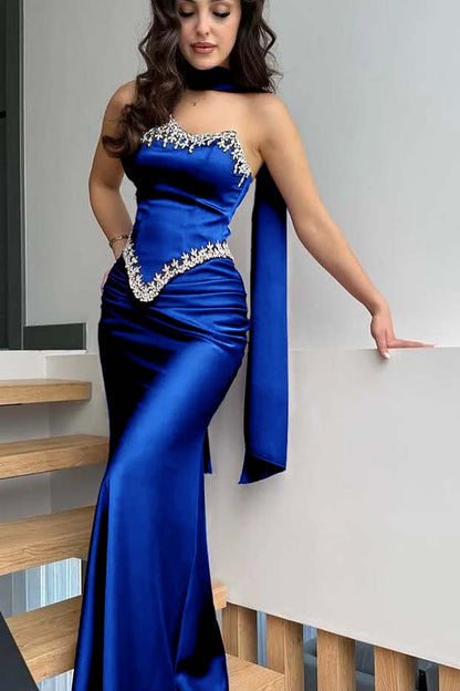 Strapless Sleeveless Long Mermaid Pleated Prom Dress With Ruffles And Appliques