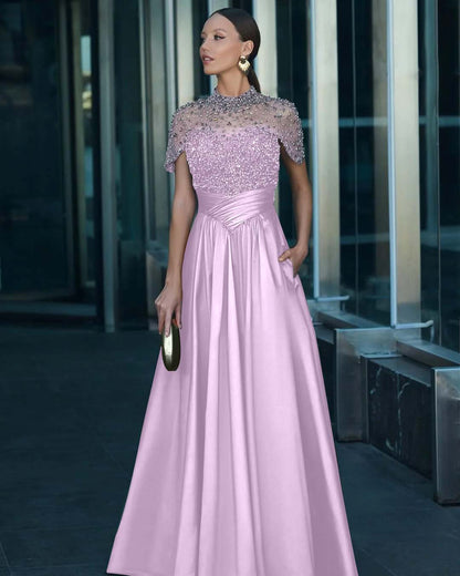 High-Neck Short Sleeves Long A-Line Pleated Prom Dress With Pockets And Beadings