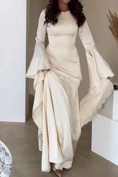 Irregular Flare Sleeve Round Neck Solid Color Maxi Dresses