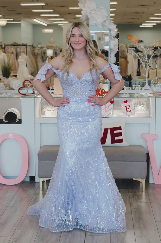Mermaid Off the Shoulder Lilac Sequins Long Prom Dress