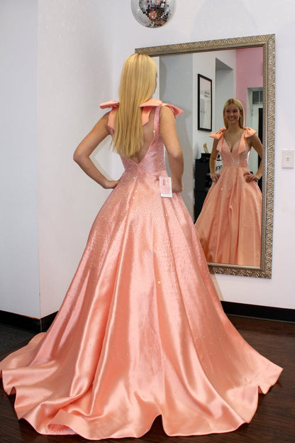 Glitter A Line V Neck Orange Satin Prom Dress