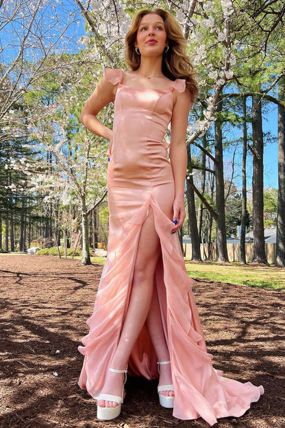 Pink Square Neck Ruffle Chiffon Long Prom Dress with Slit
