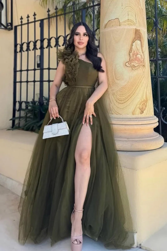 Olive Green Split One-Shoulder Tulle Summer Prom Dress ZT0706