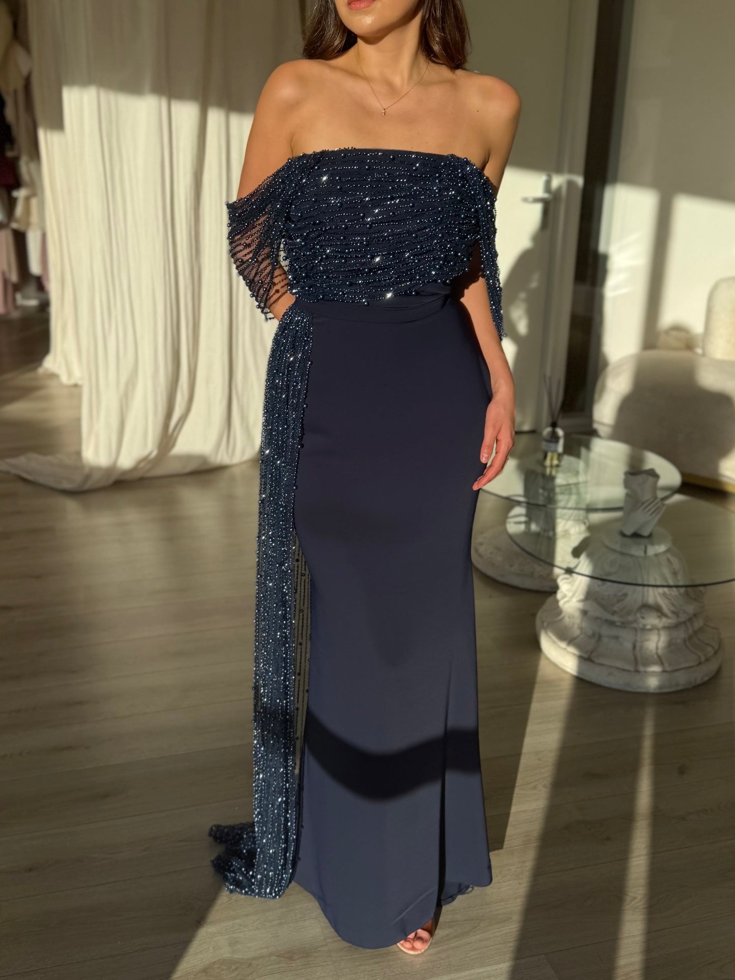 Navy Blue Off-the-Shoulder Sequin Evening Gown