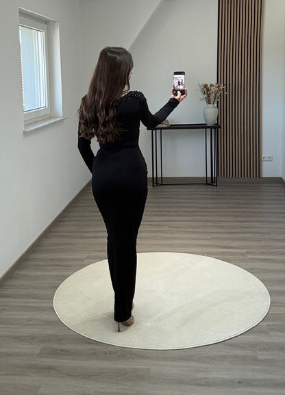 Long Sleeves Scoop Sequins Satin Evening Dress