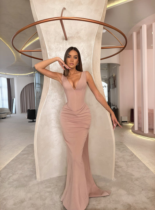 Light Coral Sheath V Neck Sleeveless Evening Formal Dress with Scarf