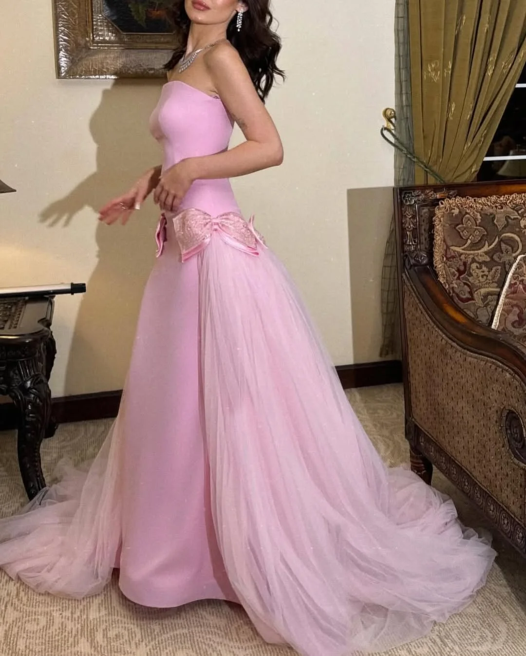 Sweet Pink Strapless Bow-Knot Long Prom Dress