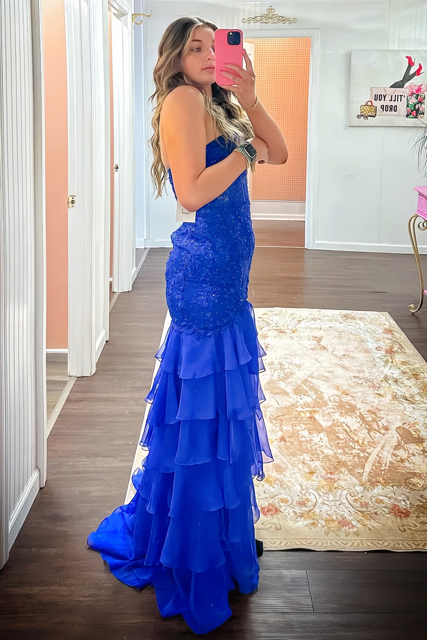 Strapless Teal Lace Appliques Fitted Ruffle Prom Dress