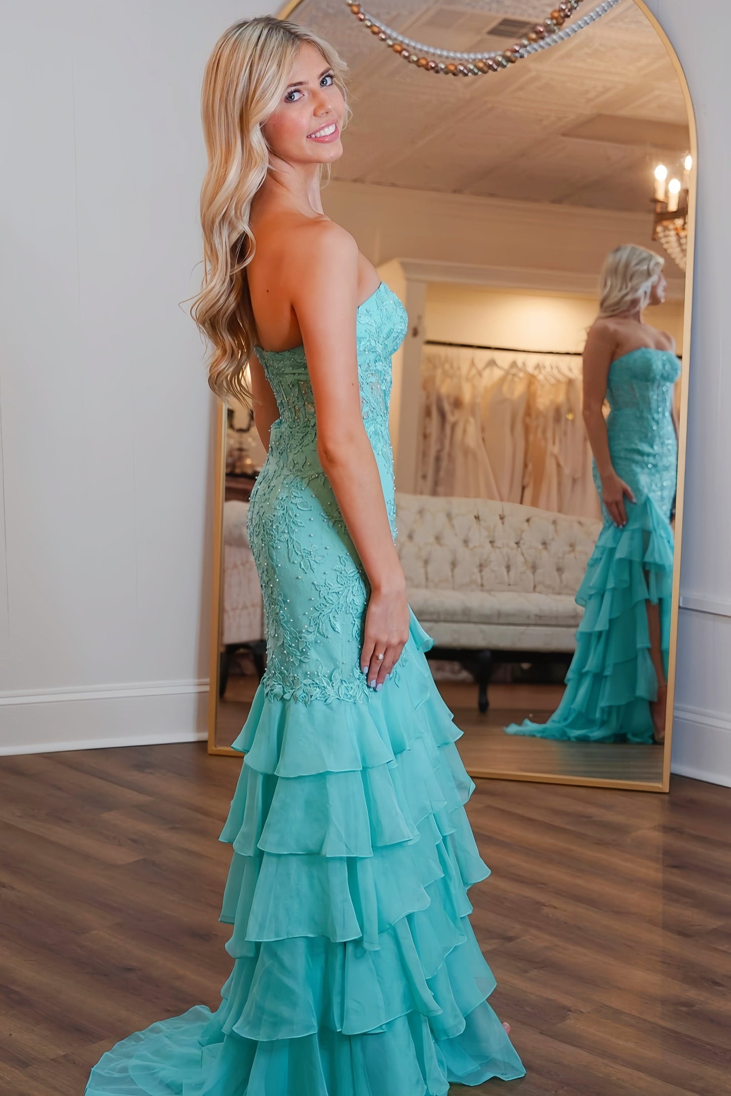 Strapless Teal Lace Appliques Fitted Ruffle Prom Dress