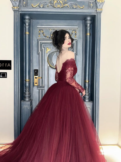 Bright Red Lace Long Sleeve Tulle A-Line Floor-Lenght Evening Dress