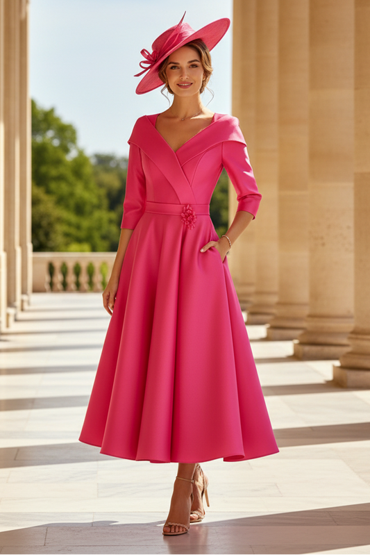 Elegant Fuchsia Satin Tea-Length Mother of the Bride Dress with Bowknot