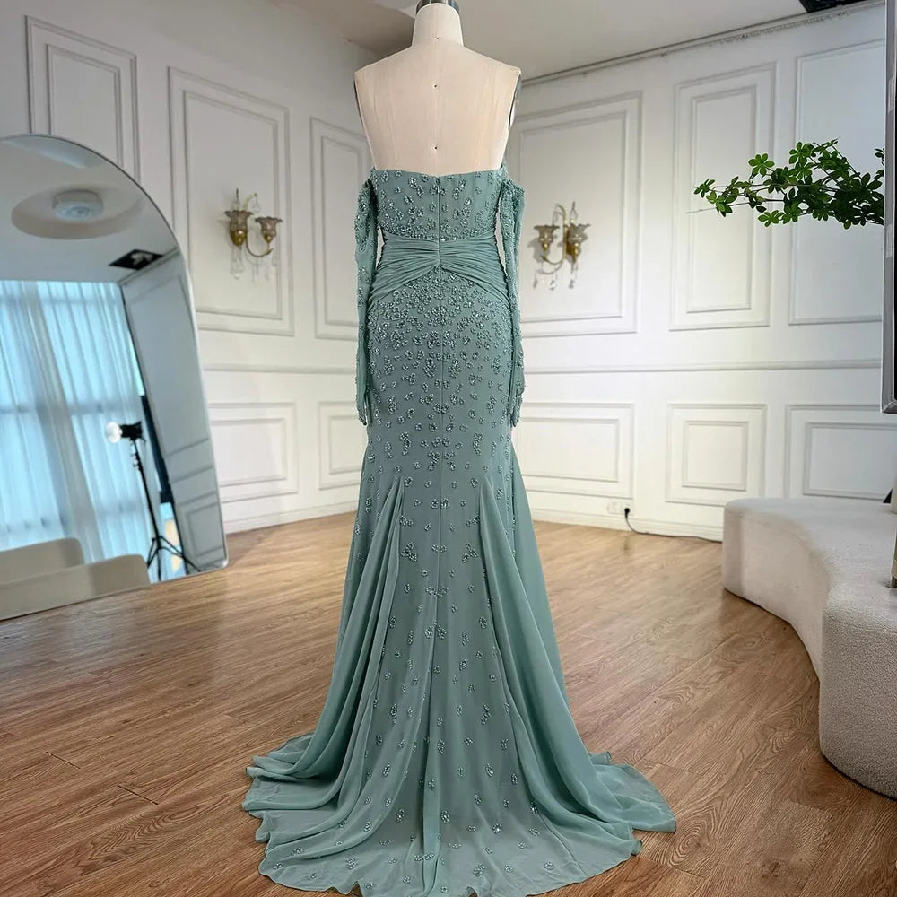 Turquoise Strapless Beaded Mermaid Evening Gown with Matching Gloves