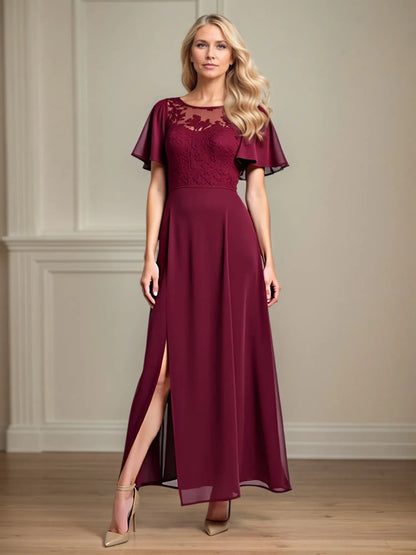 A Line Scoop Neck Short Sleeve Chiffon Mother of the Bride Dress