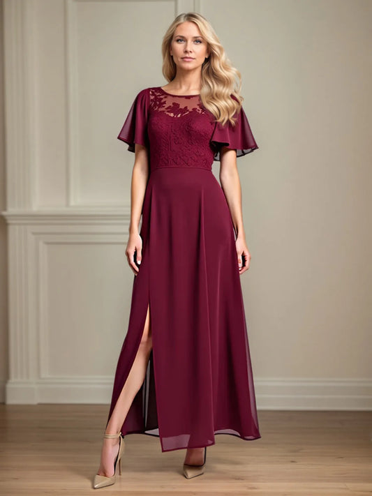 A Line Scoop Neck Short Sleeve Chiffon Mother of the Bride Dress
