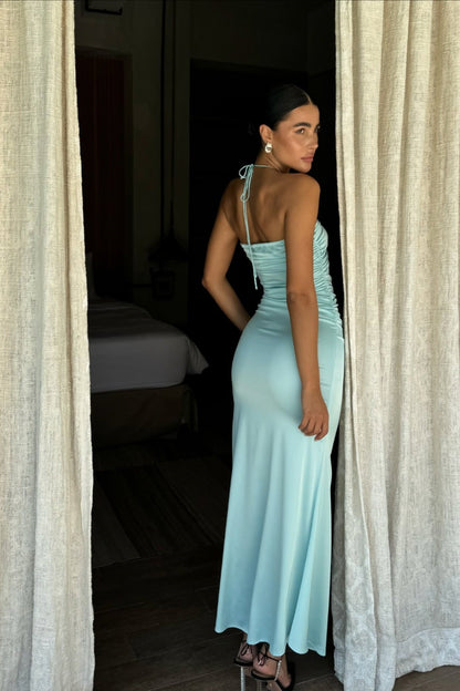 Hot Sheath Halter Neck Teal Long Party Dress with Keyhole