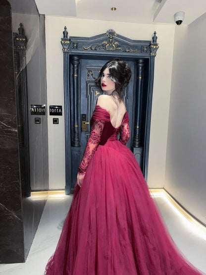 Bright Red Lace Long Sleeve Tulle A-Line Floor-Lenght Evening Dress