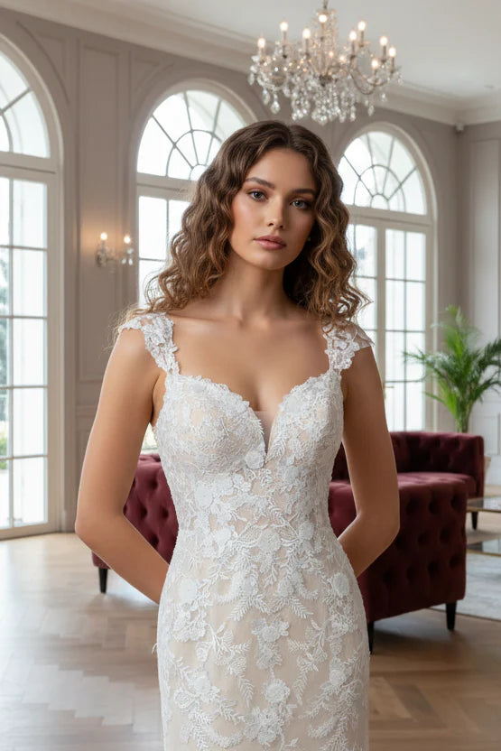White Champagne Mermaid Sweetheart Sequins Tulle Wedding Dress