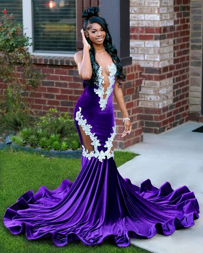 Purple Mermaid Evening Dress With Lace Elegant Fishtail Black Girls Prom Dress