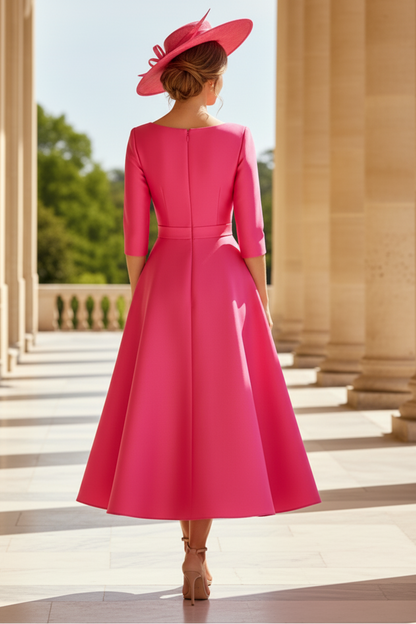 Elegant Fuchsia Satin Tea-Length Mother of the Bride Dress with Bowknot