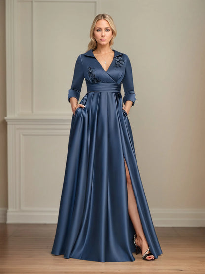 A-line V-Neck Collared Floor-Length Satin Mother of the Bride Dress