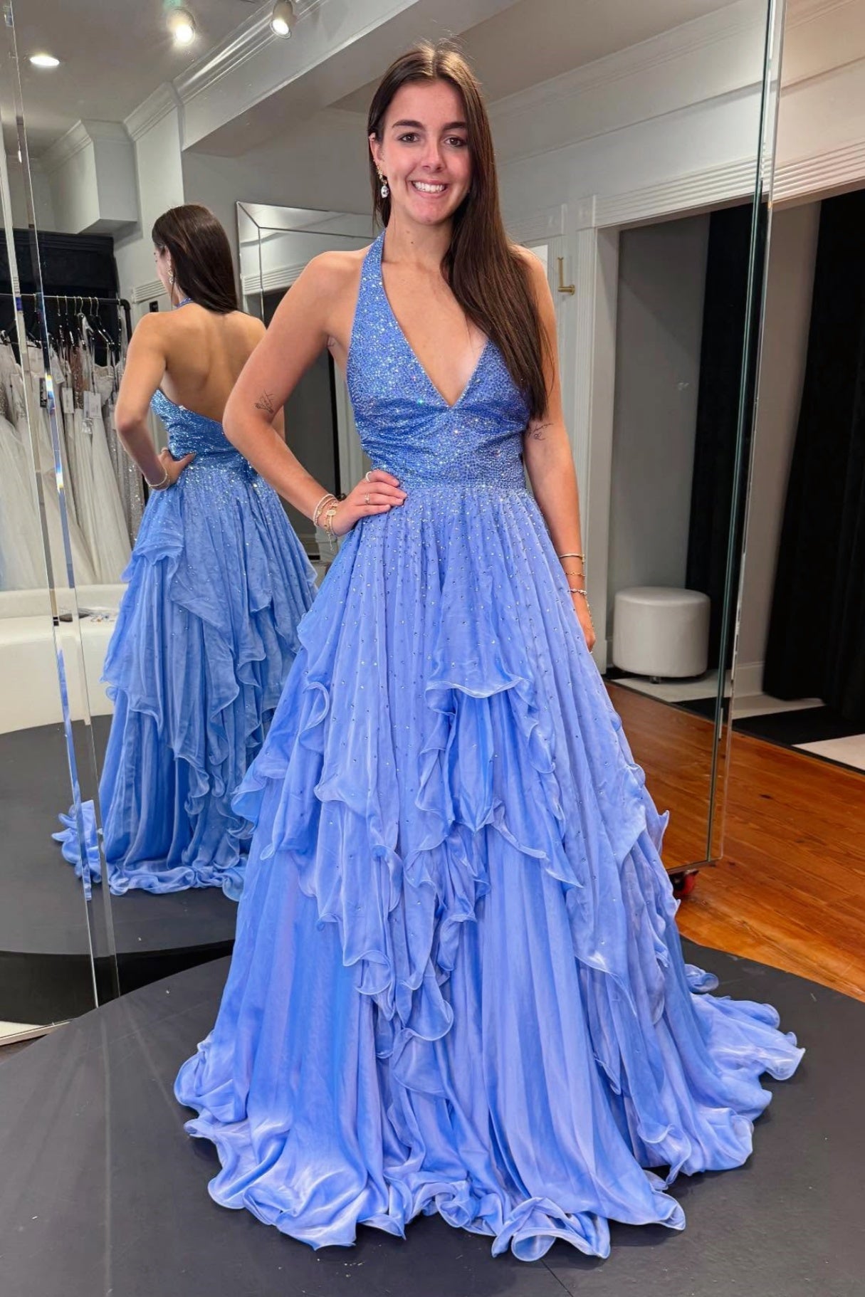 Periwinkle A-line Halter V-neck Beaded Prom Dress