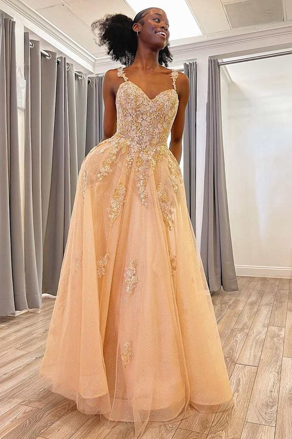 Charming A Line Spaghetti Straps Champagne Long Prom Dress