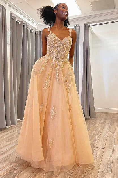 Charming A Line Spaghetti Straps Champagne Long Prom Dress