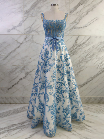 Blue Floral Baroque Lace Corset Long Prom Dress