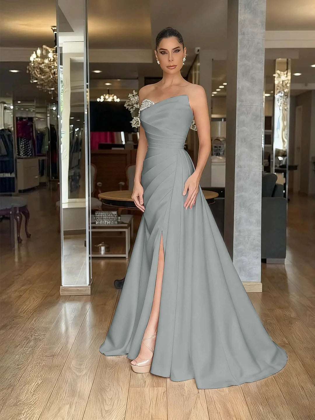 Red Strapless Beaded Pleated Long Prom Dress