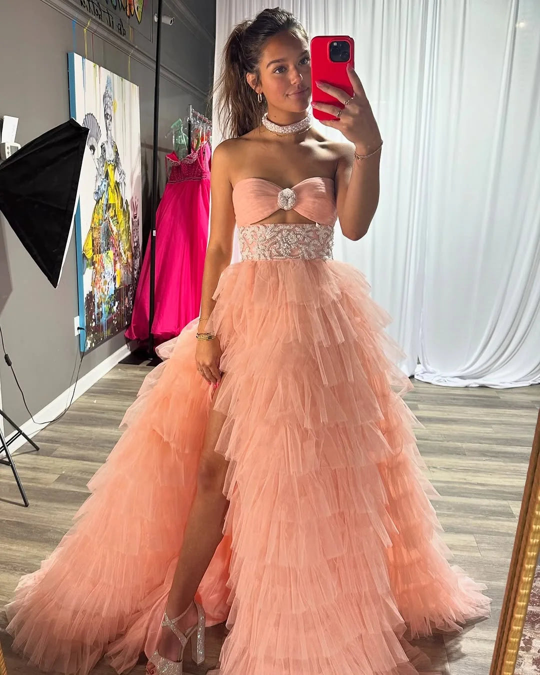 Pearl Pink Lovely Tulle Strapless Bow-knot Prom Dress