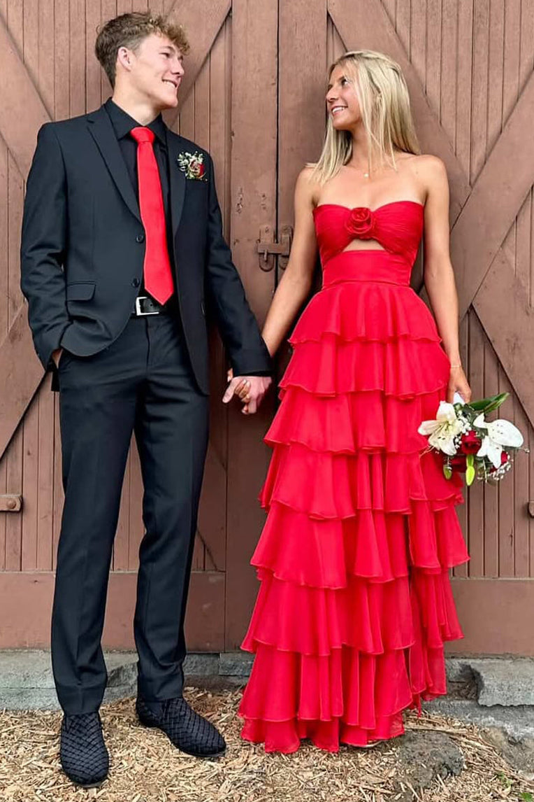 Cute A Line Sweetheart Red Chiffon Long Prom Dress