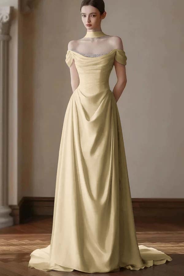 Elegant Off-the-Shoulder Prom Dress Pleated A-Line with Beaded