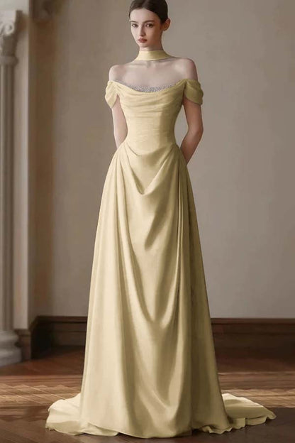 Elegant Off-the-Shoulder Prom Dress Pleated A-Line with Beaded