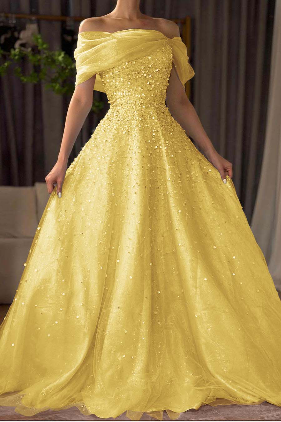 Off the Shoulder Sleeveless Long Prom Dress With Beading Tulle