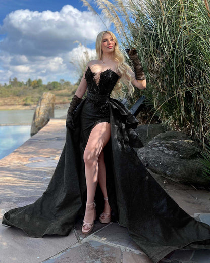 Strapless Sleeveless Long Split Prom Dress With Gloves Beading