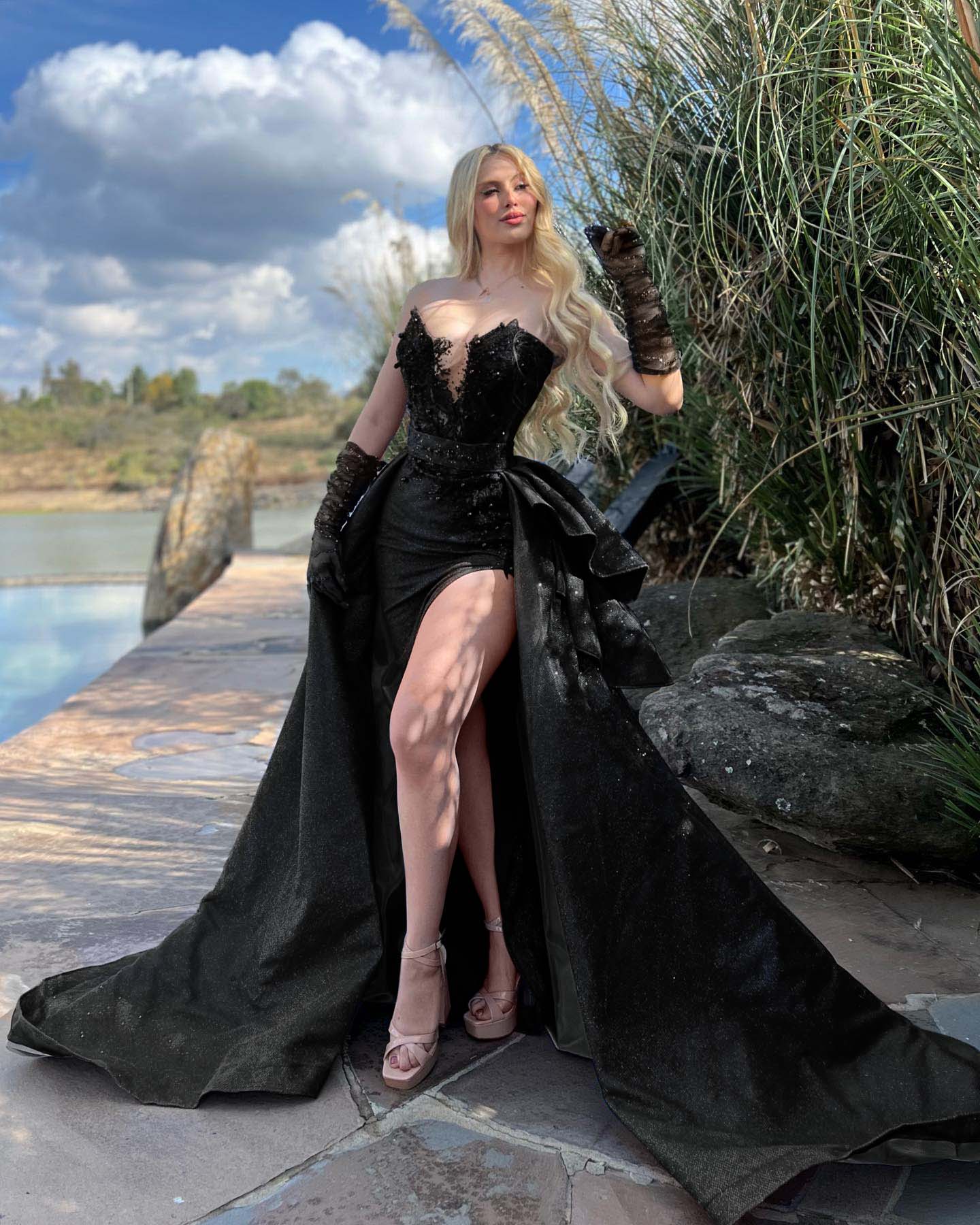 Asymmetrical-Neck Sleeveless Sequined Beaded Glitter-Satin Mermaid Prom Dress with Overskirt