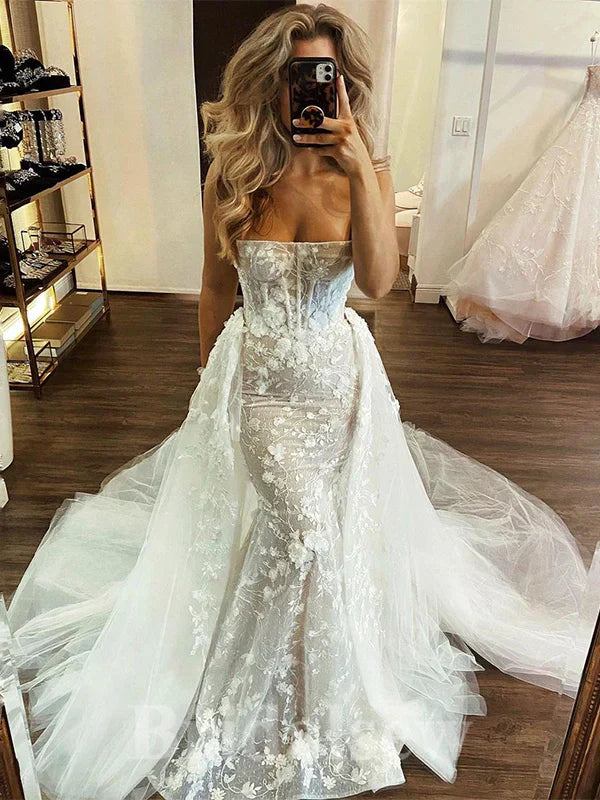 Charming Strapless Mermaid Princess Beach Vintage Long Wedding Dress