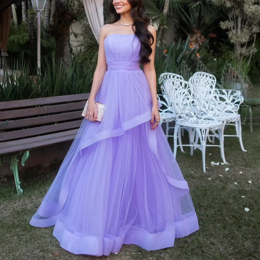 Lavender Tulle Long Wedding Party Ruffles Strapless Prom Dress