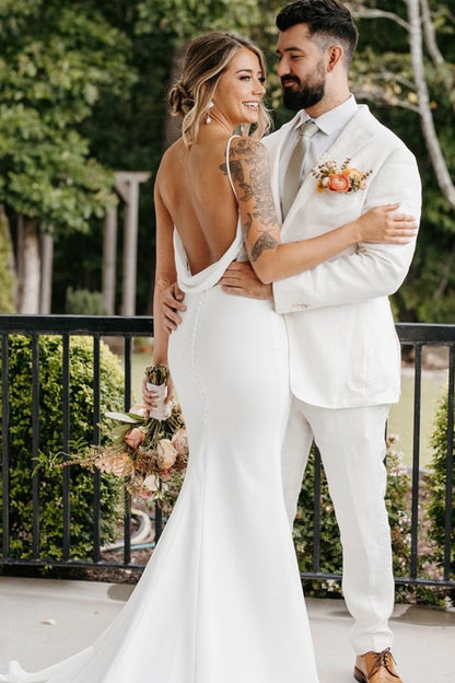 Elegant Mermaid V Neck Elastic Satin Long Wedding Dress
