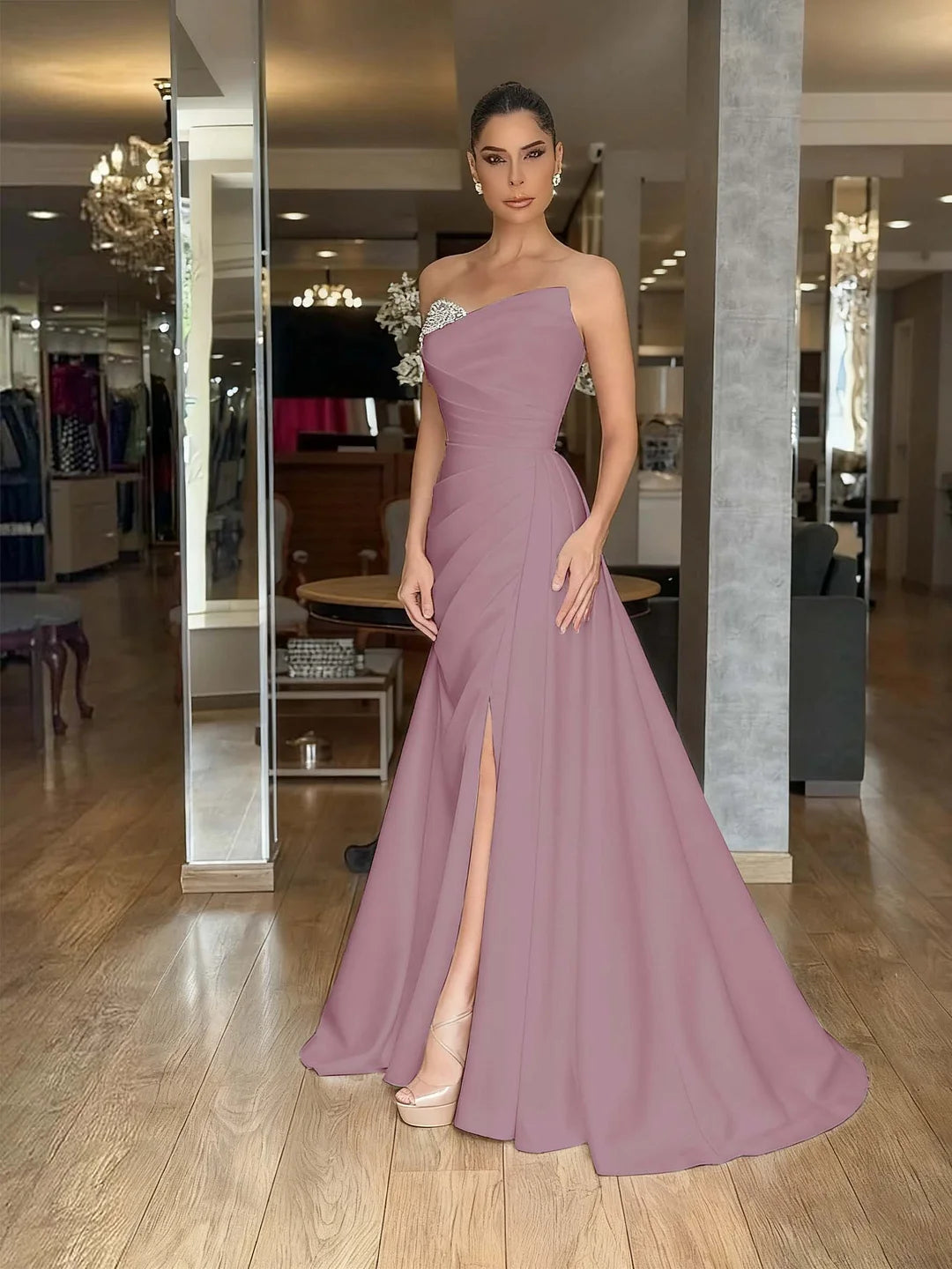 Red Strapless Beaded Pleated Long Prom Dress